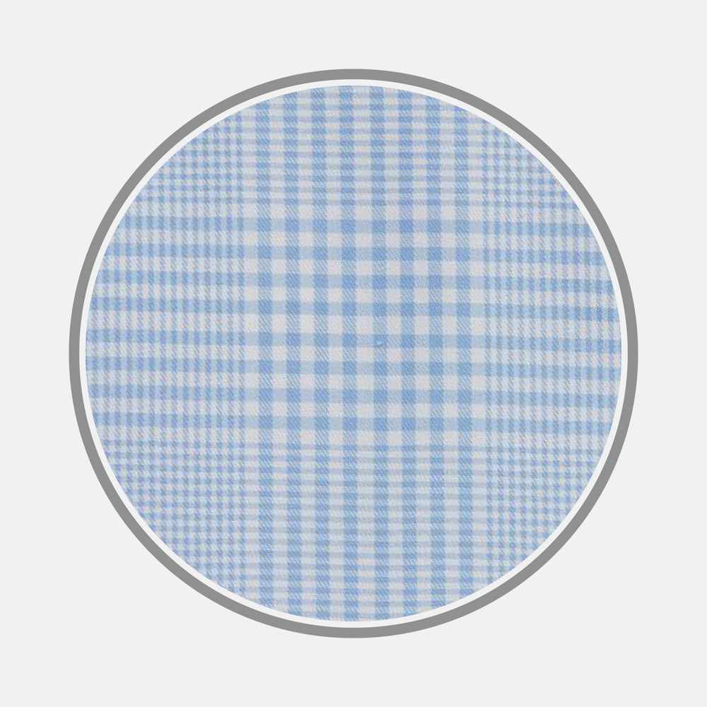 A circular swatch of Pale Blue Check Cotton Fabric by Turnbull & Asser features a small, light blue and white gingham pattern with a thin gray border on a plain white background.