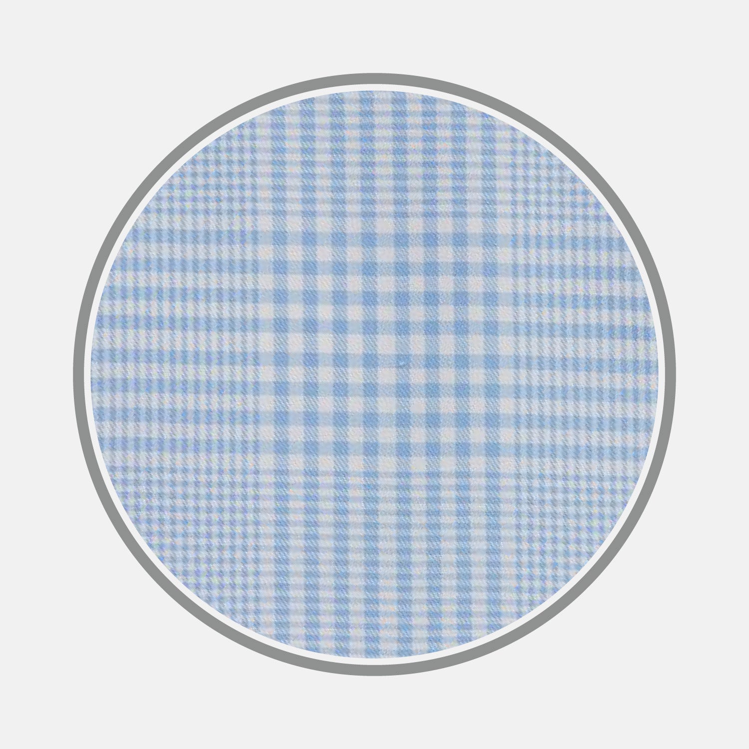 View 1 of product A circular swatch of Pale Blue Check Cotton Fabric by Turnbull & Asser features a small, light blue and white gingham pattern with a thin gray border on a plain white background.