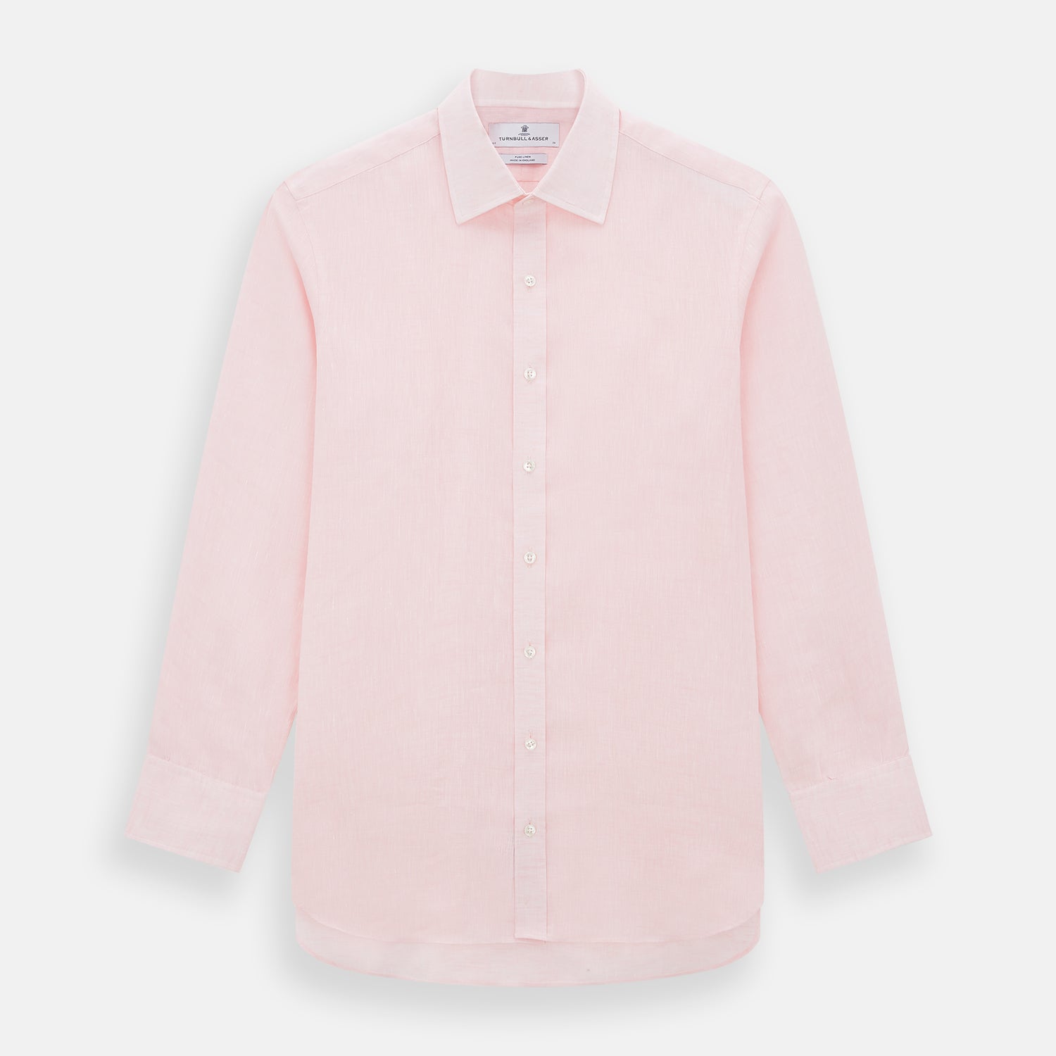 View 1 of product The Turnbull & Asser Pale Pink Linen Mayfair Shirt features a classic, formal style with long sleeves, a collar, and white buttons. Shown laid flat on a white background.