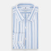 View 5 of product The Turnbull & Asser Blue Multi Stripe Mayfair Shirt features a T&A collar, vertical blue and white stripes, long sleeves, and a crisp Mayfair fit for a refined look.