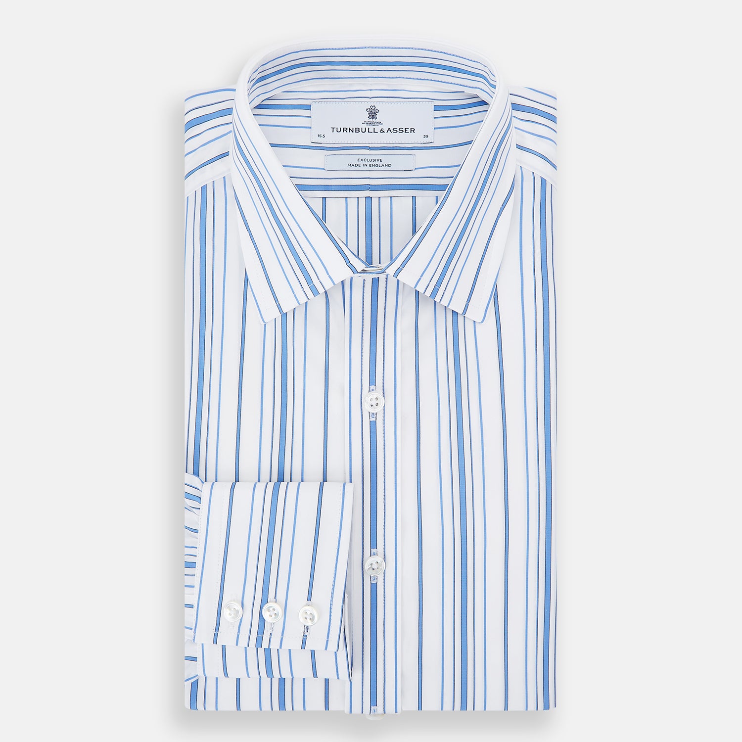 View 5 of product The Turnbull & Asser Blue Multi Stripe Mayfair Shirt features a T&A collar, vertical blue and white stripes, long sleeves, and a crisp Mayfair fit for a refined look.