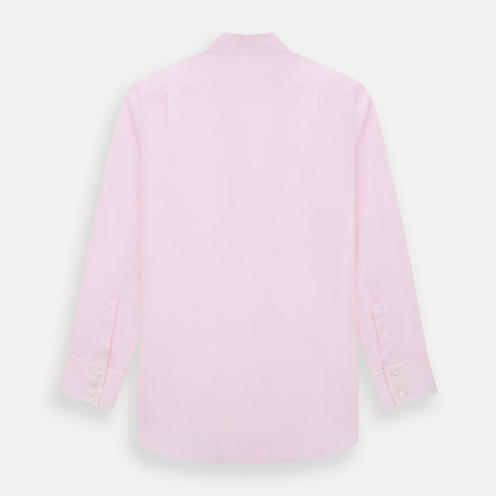 The Turnbull & Asser Pink Mayfair Shirt features long sleeves, a classic collar, and white buttons—a refined choice for any men's wardrobe. Laid flat against a white background, it highlights timeless style and craftsmanship.