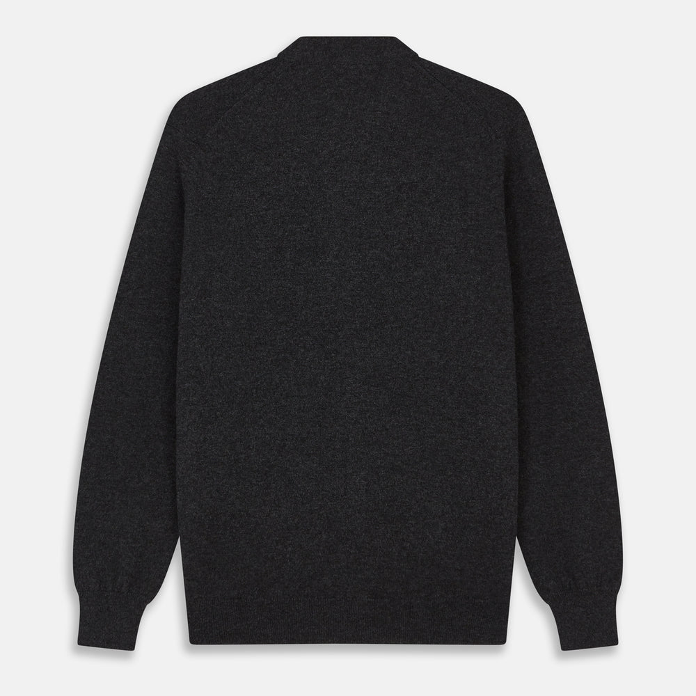 The Turnbull & Asser Charcoal Lachlan Cashmere Cardigan features long sleeves, a V-neck, button-down front, two pockets, and ribbed cuffs—ideal for smart-casual layering—shown laid flat on a white background.