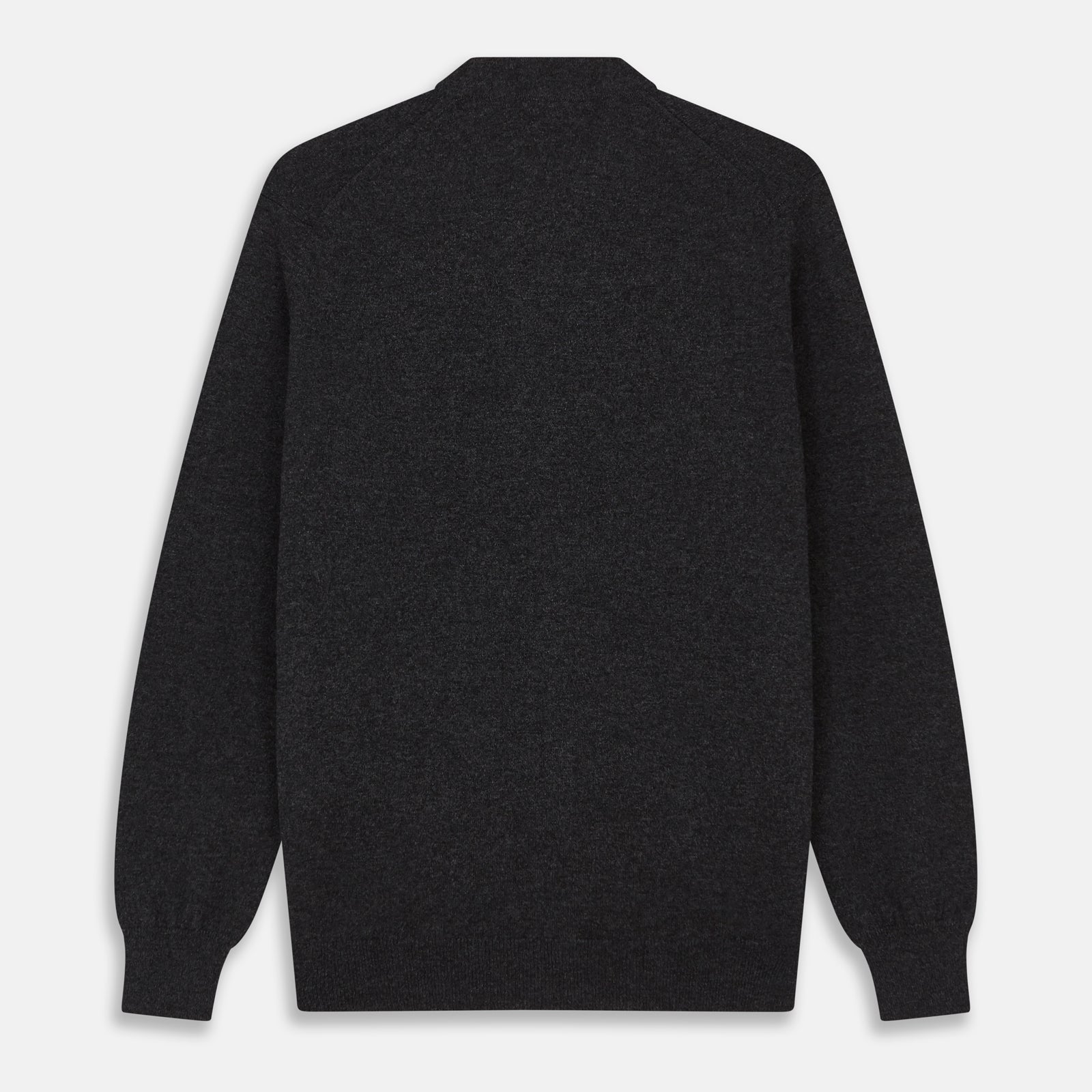 View 3 of product The Turnbull & Asser Charcoal Lachlan Cashmere Cardigan features long sleeves, a V-neck, button-down front, two pockets, and ribbed cuffs—ideal for smart-casual layering—shown laid flat on a white background.