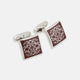 Turnbull & Asser Burgundy Floral Square Cufflinks feature a reddish-brown enamel face with an intricate white mandala pattern at the center, all set in elegant sterling silver.