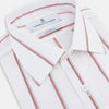 View 2 of product The Turnbull & Asser Dark Red Track Stripe Mayfair Shirt is crafted from Italian cotton, featuring a pointed collar and buttoned cuffs. Displayed against a plain light background.