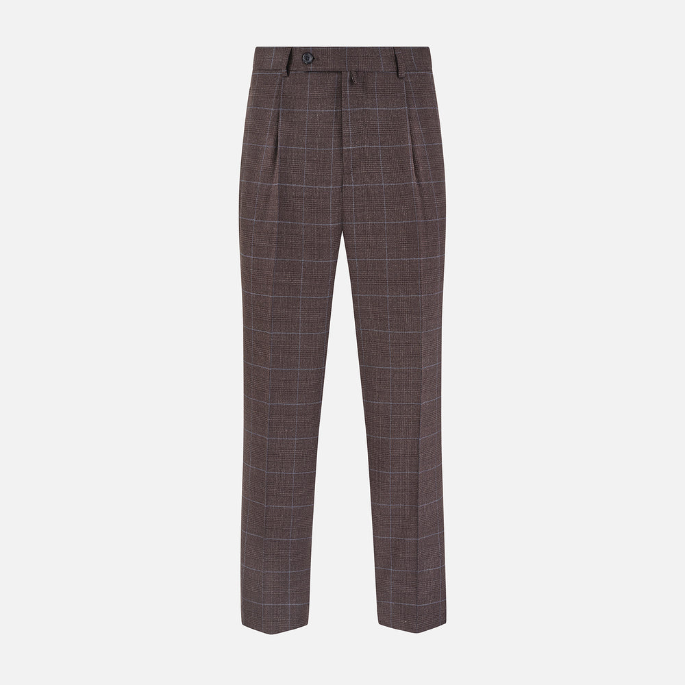 The Turnbull & Asser Brown Check Arthur Trousers feature a straight leg, button and zip closure, belt loops, and front pleats, shown against a plain white background.