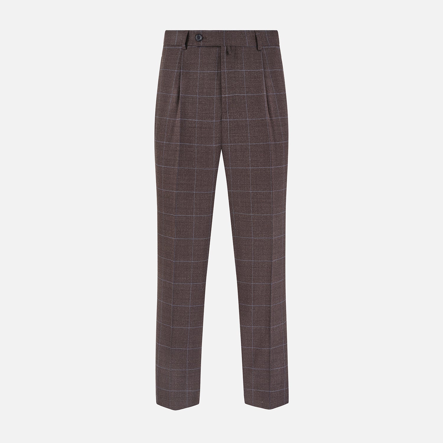 View 1 of product The Turnbull & Asser Brown Check Arthur Trousers feature a straight leg, button and zip closure, belt loops, and front pleats, shown against a plain white background.