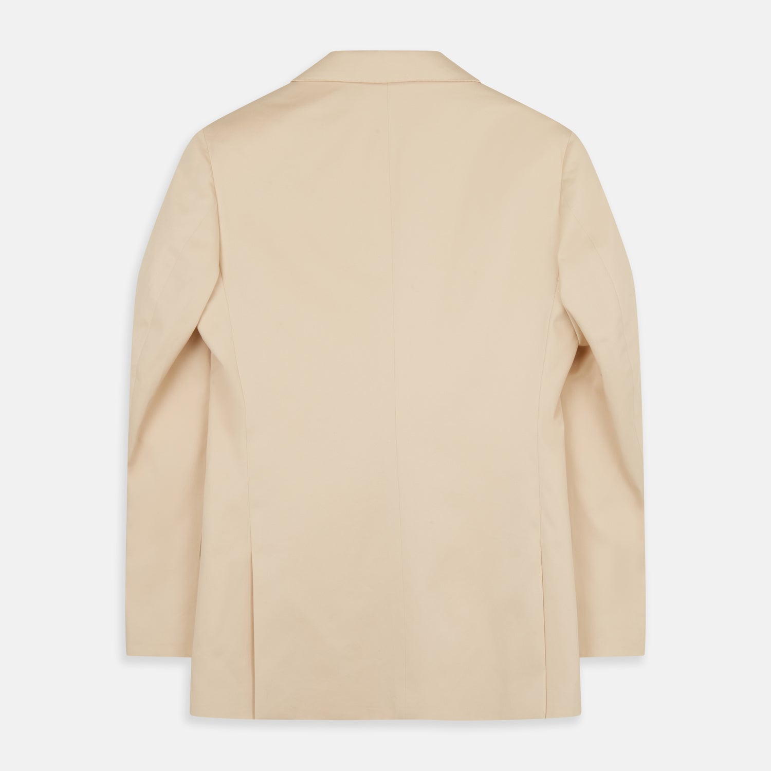 View 6 of product A man in a Turnbull & Asser Beige Cotton Barrington Blazer, light yellow shirt, blue patterned tie, and dark trousers stands against a plain light background, with a pocket square visible and a neutral expression.