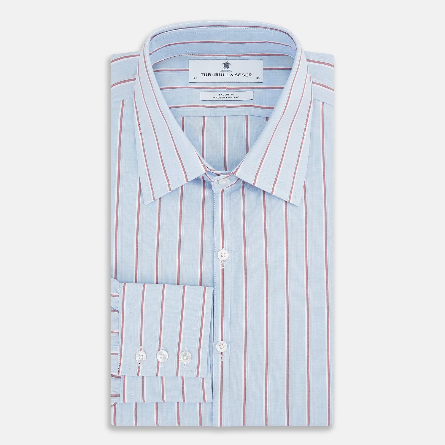 View 5 of product The Turnbull & Asser Blue and Burgundy Multi-Stripe Westminster Shirt features a pointed collar and long sleeves, laid flat on a white background to highlight its fine British craftsmanship.