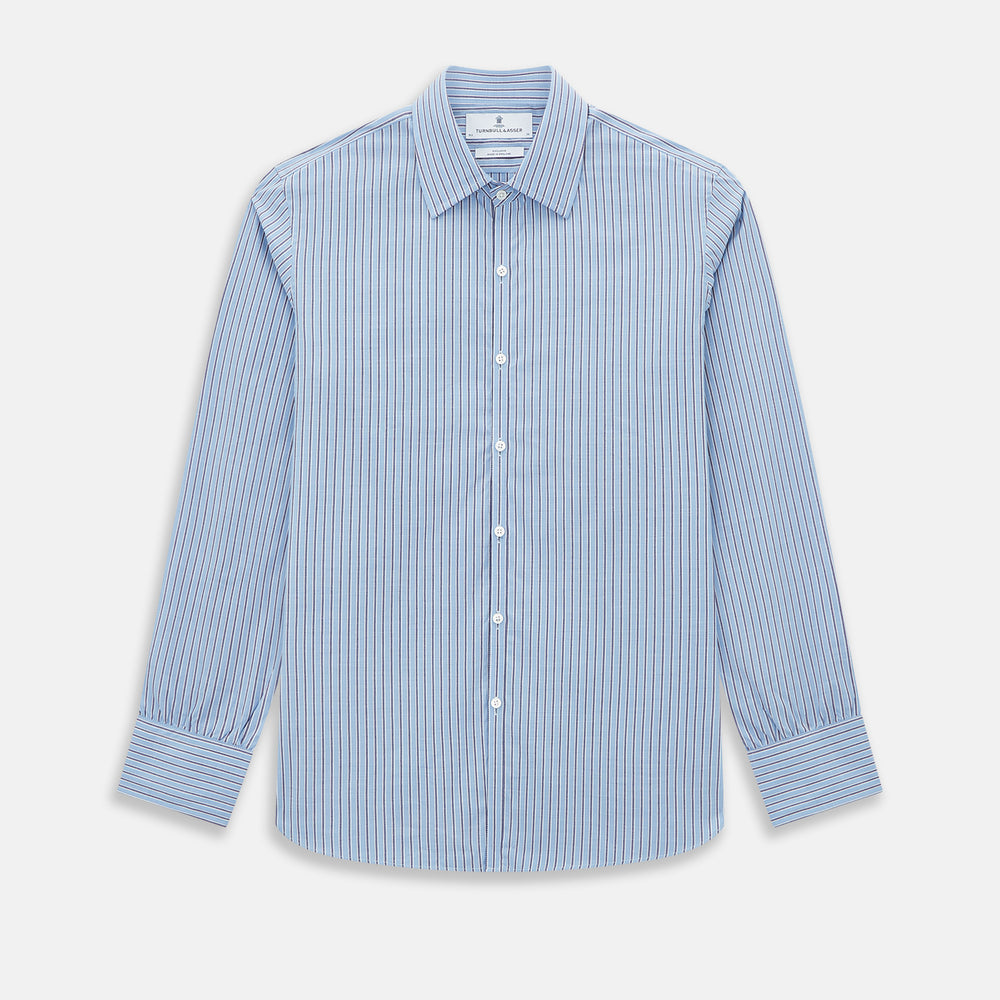 The Steel Blue Ticking Stripe Westminster Shirt by Turnbull & Asser features a classic fit, Turnbull collar, vertical stripes, white buttons, and buttoned cuffs—showcasing refined British craftsmanship.