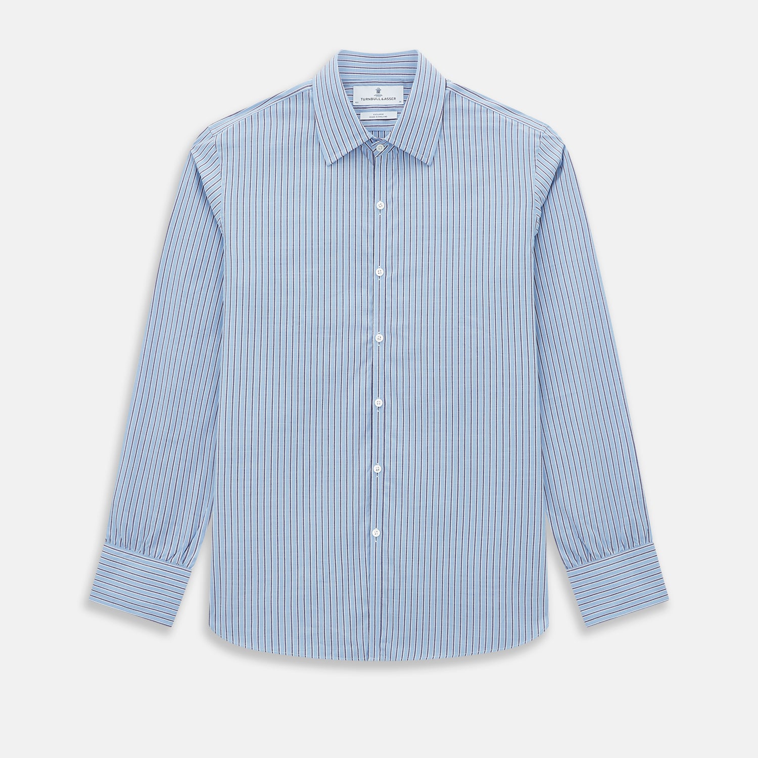 View 1 of product The Steel Blue Ticking Stripe Westminster Shirt by Turnbull & Asser features a classic fit, Turnbull collar, vertical stripes, white buttons, and buttoned cuffs—showcasing refined British craftsmanship.