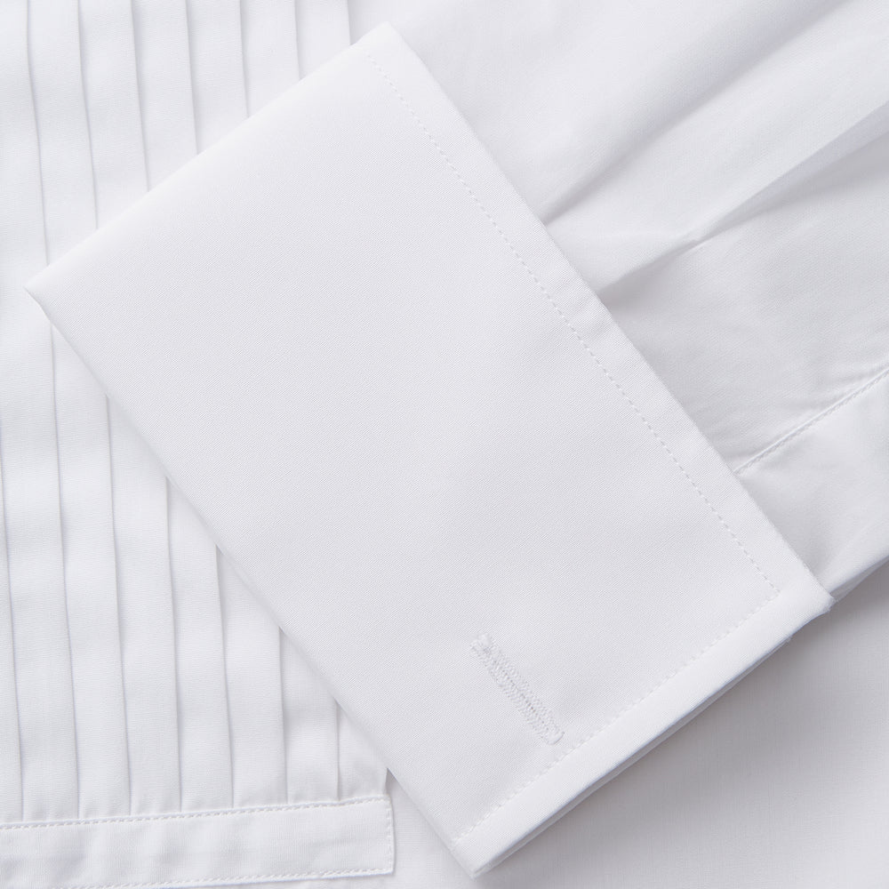 The Turnbull & Asser White Pleated Cotton Dress Shirt features a T&A collar and double cuffs, shown laid flat on a white background.