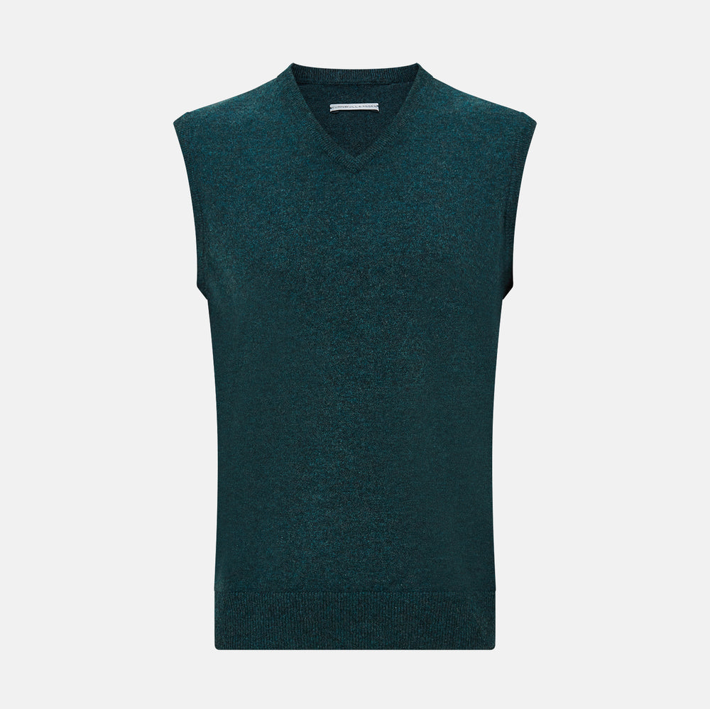The Turnbull & Asser Forest Green Melange V-neck Cashmere Vest is a refined men’s knitwear piece, sleeveless with a classic V-neckline, shown here against a plain white background.