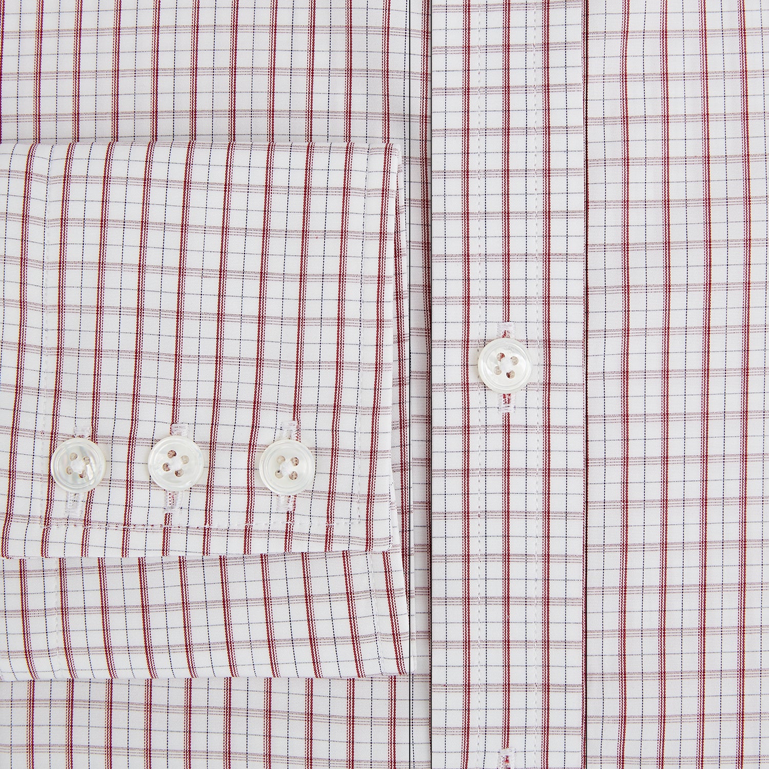 View 4 of product The Turnbull & Asser Red Tattersall Check Mayfair Shirt features long sleeves, a collar, and Italian cotton with a red tattersall check on white, shown flat against a white background.