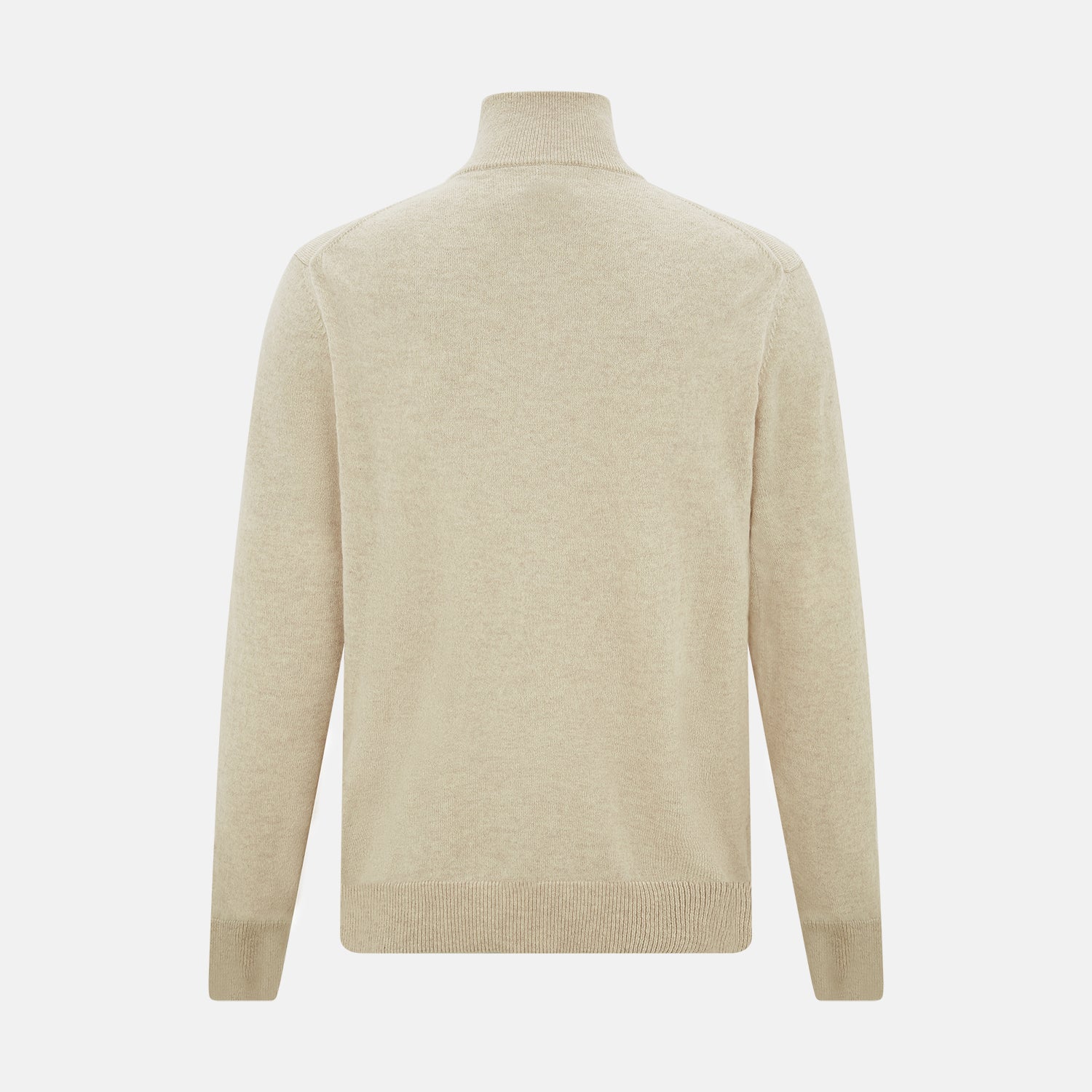 View 3 of product The Turnbull & Asser Cream Half-Zip Cashmere Jumper is a beige, long-sleeve pullover with a high collar, showcasing timeless knitwear style against a plain white background.