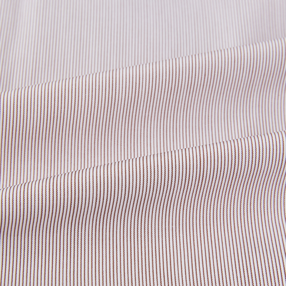 A Turnbull & Asser Burgundy Hairline Stripe Shirt with a contrast white collar and double cuffs, showcasing a tailored fit and button-down front, displayed against a plain white background.