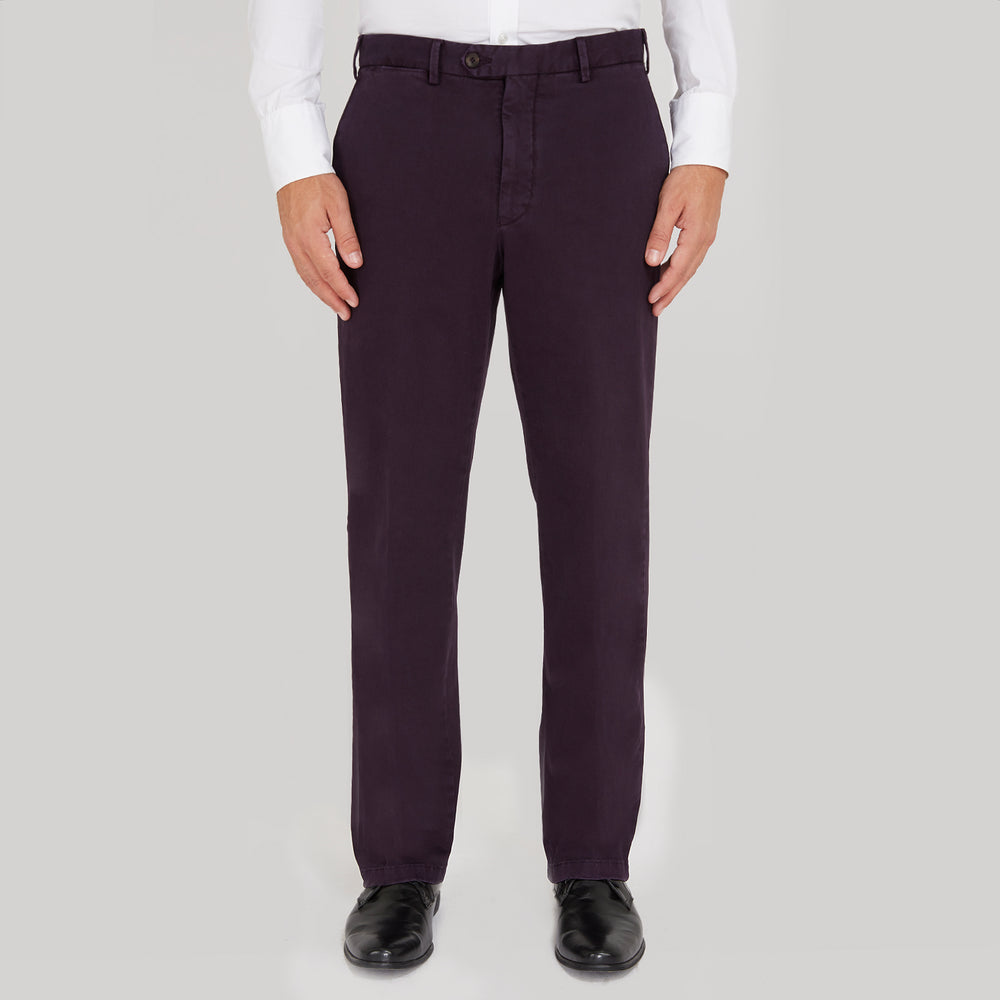 Turnbull & Asser Purple Cotton Trousers: slim-fit with button and zip closure, front and back pockets, shown on a white background.