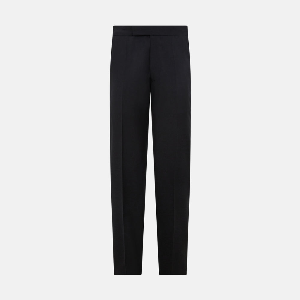 The Turnbull & Asser Black Single Breasted Dinner Suit features fine wool, a satin shawl collar jacket, and matching trousers—perfect formal wear, shown on a plain white background.
