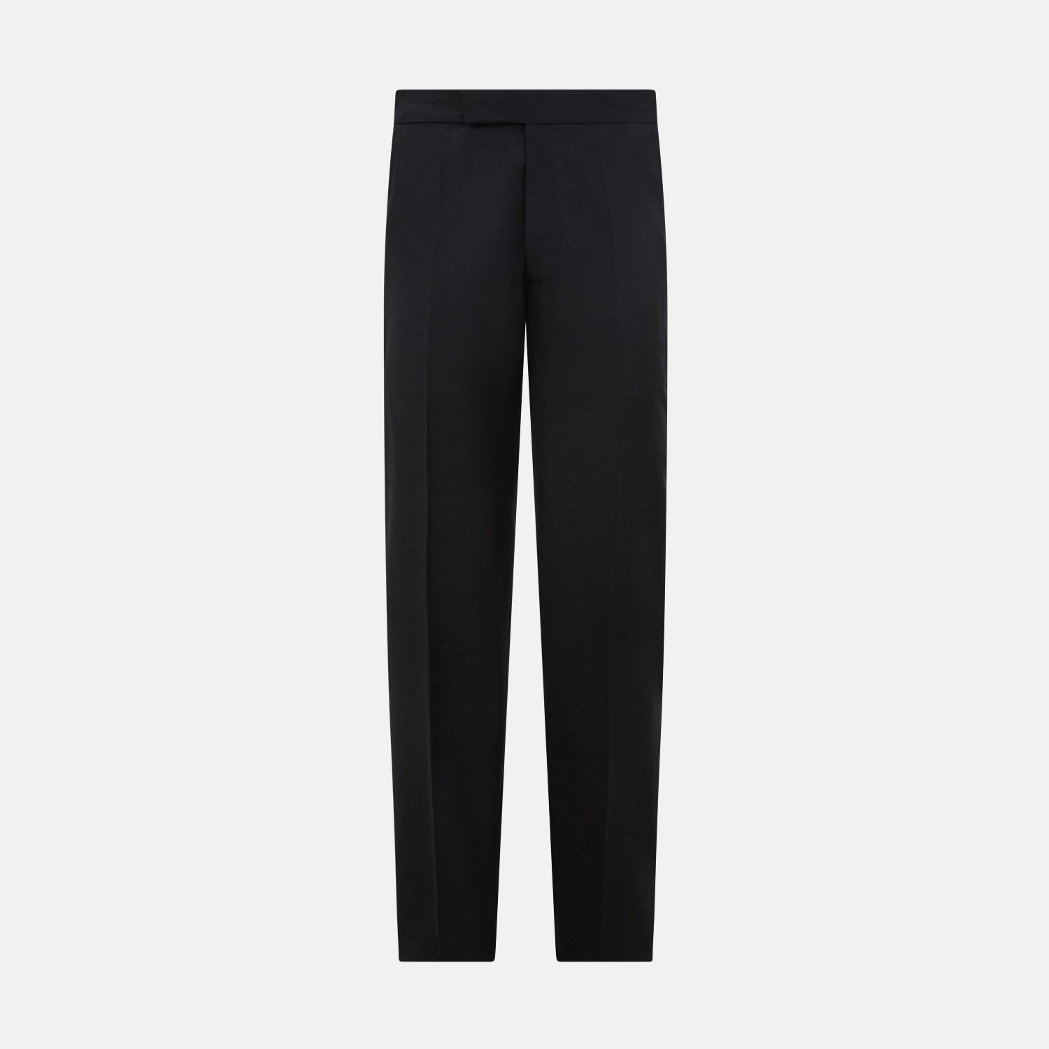 View 4 of product The Turnbull & Asser Black Single Breasted Dinner Suit features fine wool, a satin shawl collar jacket, and matching trousers—perfect formal wear, shown on a plain white background.