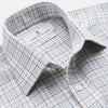 View 2 of product The Turnbull & Asser Blue Multi Check Regular Fit Cotton-Cashmere Shirt features a T&A collar, 3 button cuffs, and a white background with tonal blue and light brown checks—shown flat against a white background.