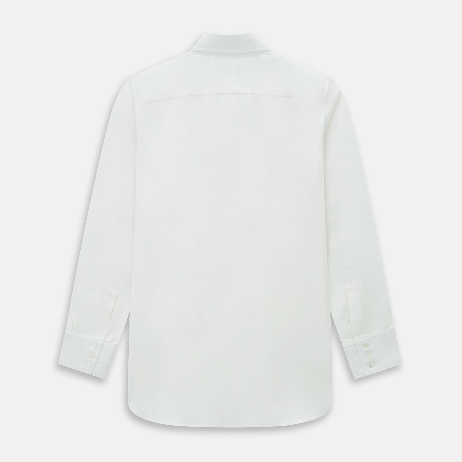 View 3 of product The Turnbull & Asser Plain White Windsor Shirt features a Turnbull open collar, 3-button cuffs, and relaxed fit—exemplifying British craftsmanship. Displayed on a white background.