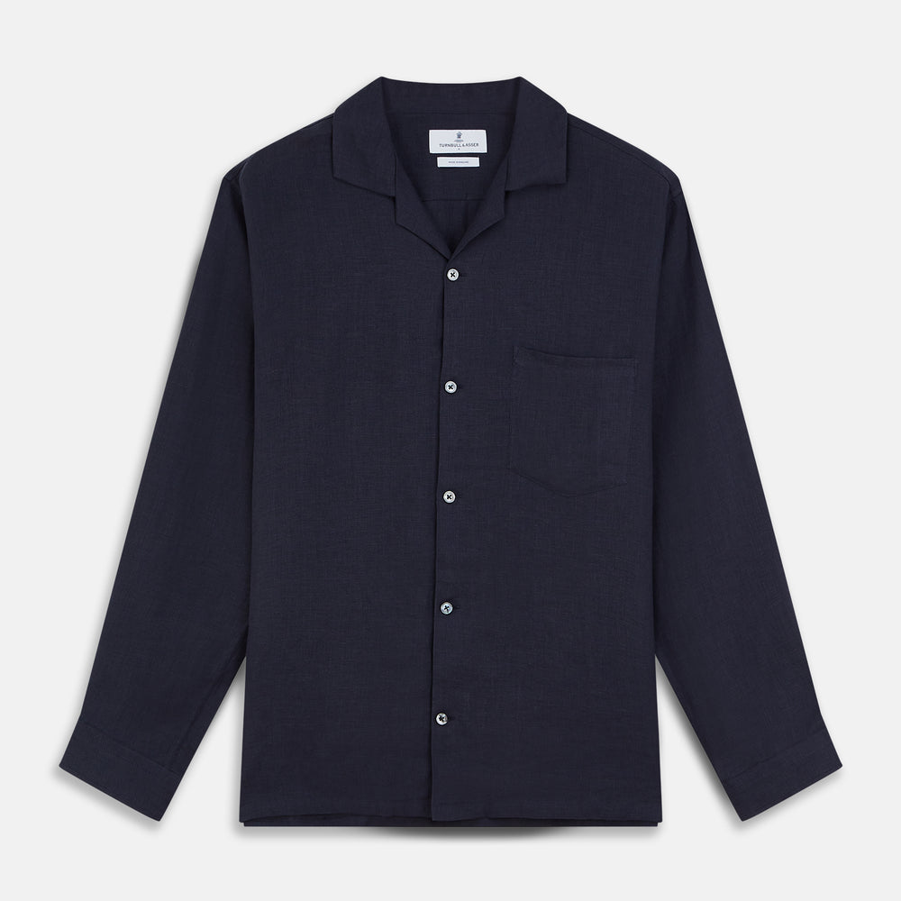 The Turnbull & Asser Navy Hemp Holiday Fit Winnington Shirt is a long-sleeve, button-up shirt with a single chest pocket, shown laid flat on a white background.