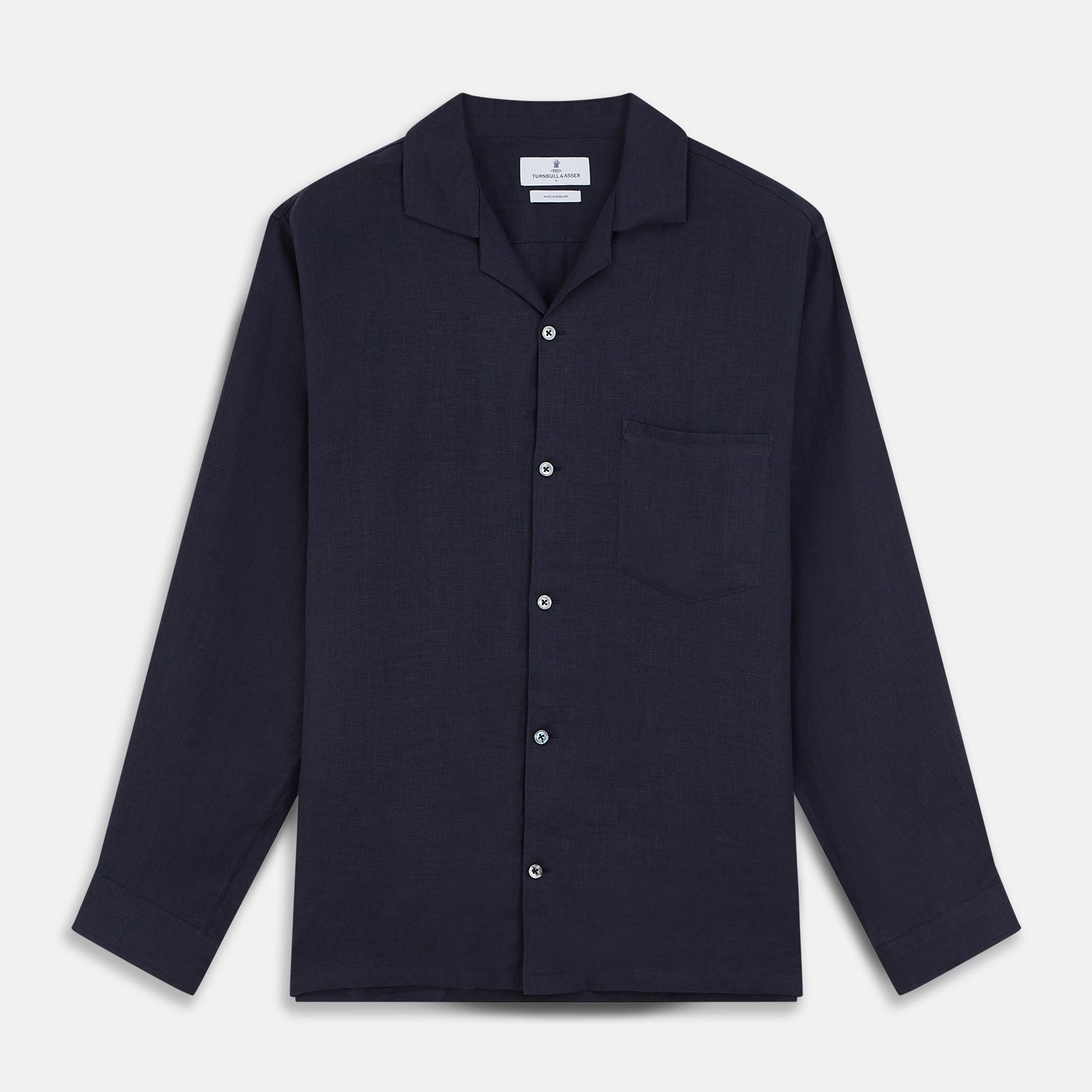 View 1 of product The Turnbull & Asser Navy Hemp Holiday Fit Winnington Shirt is a long-sleeve, button-up shirt with a single chest pocket, shown laid flat on a white background.