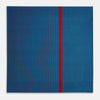 View 4 of product A blue silk pocket square by Turnbull & Asser, featuring thin black stripes, a striking vertical red stripe, and a turned-over corner that reveals the reverse side. The brand name is printed discreetly in one corner.