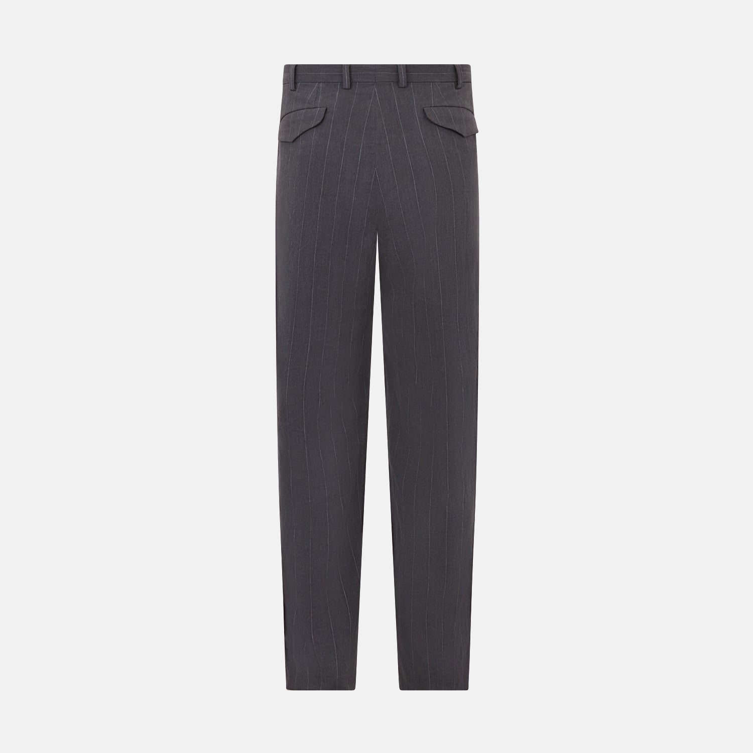 View 4 of product Turnbull & Asser’s Dark Chocolate Striped Edmund trousers feature straight-cut legs, a relaxed fit, button closure, and belt loops. These cotton trousers display subtle vertical stripes against a plain white background.