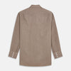 View 5 of product The Turnbull & Asser Camel Cotton Melange Regular Fit Mayfair Shirt features long sleeves, a classic T&A collar, white buttons, and buttoned cuffs in light brown cotton melange, displayed flat on a white background.