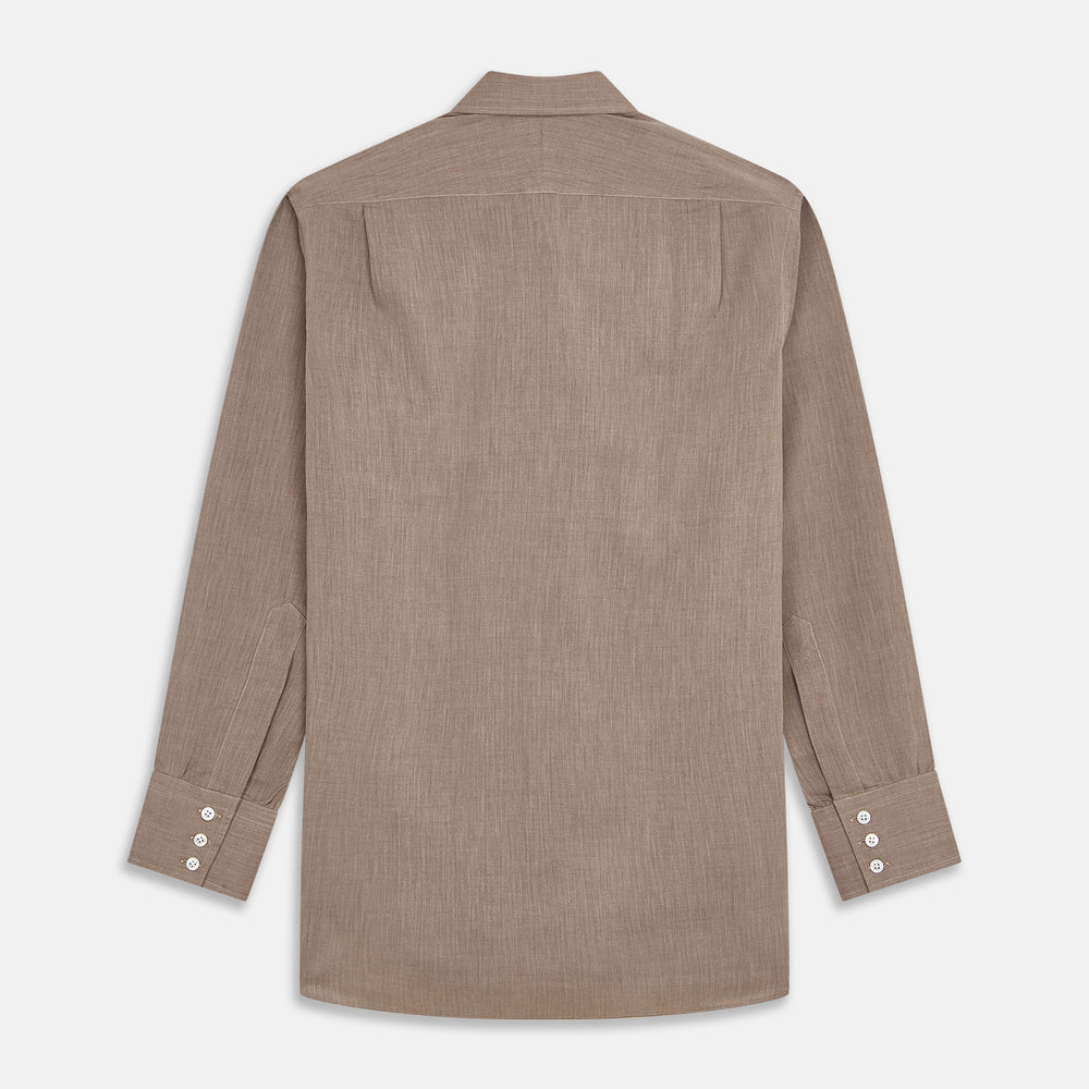 The Turnbull & Asser Camel Cotton Melange Regular Fit Mayfair Shirt features long sleeves, a classic T&A collar, white buttons, and buttoned cuffs in light brown cotton melange, displayed flat on a white background.