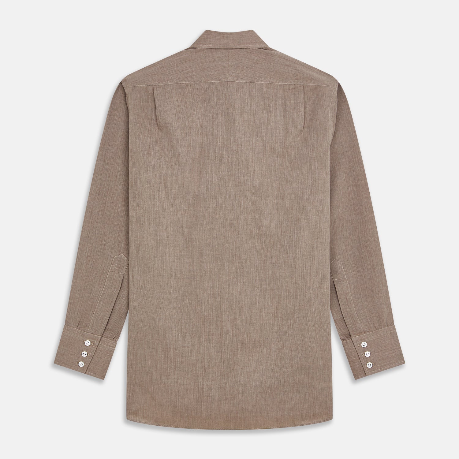 View 5 of product The Turnbull & Asser Camel Cotton Melange Regular Fit Mayfair Shirt features long sleeves, a classic T&A collar, white buttons, and buttoned cuffs in light brown cotton melange, displayed flat on a white background.