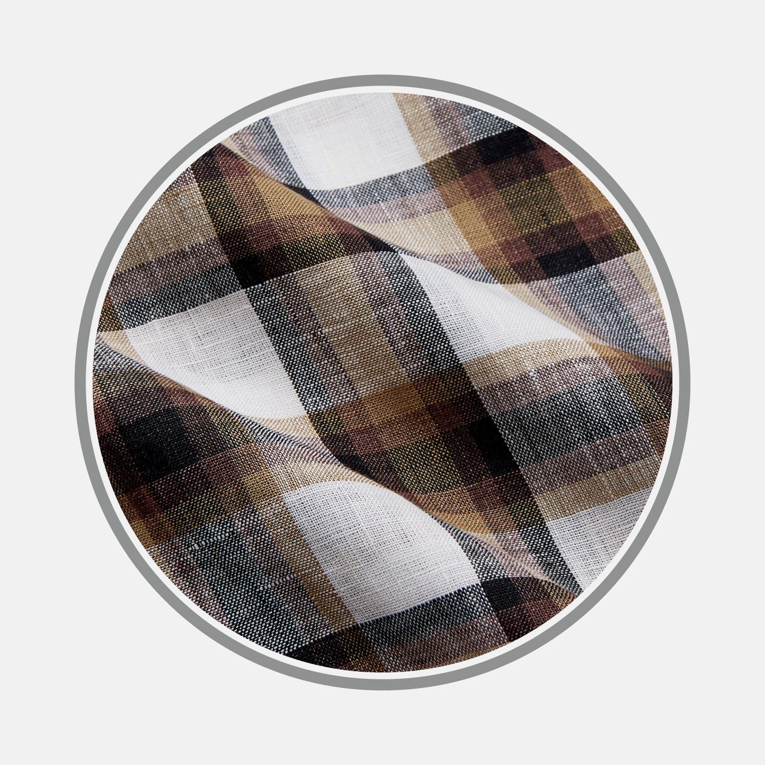 View 1 of product Close-up of Turnbull & Asser’s Brown Multi Check Linen Fabric, featuring a pattern of black, brown, and white intersecting lines within a circular frame on a light gray background. The linen surface is slightly wrinkled.