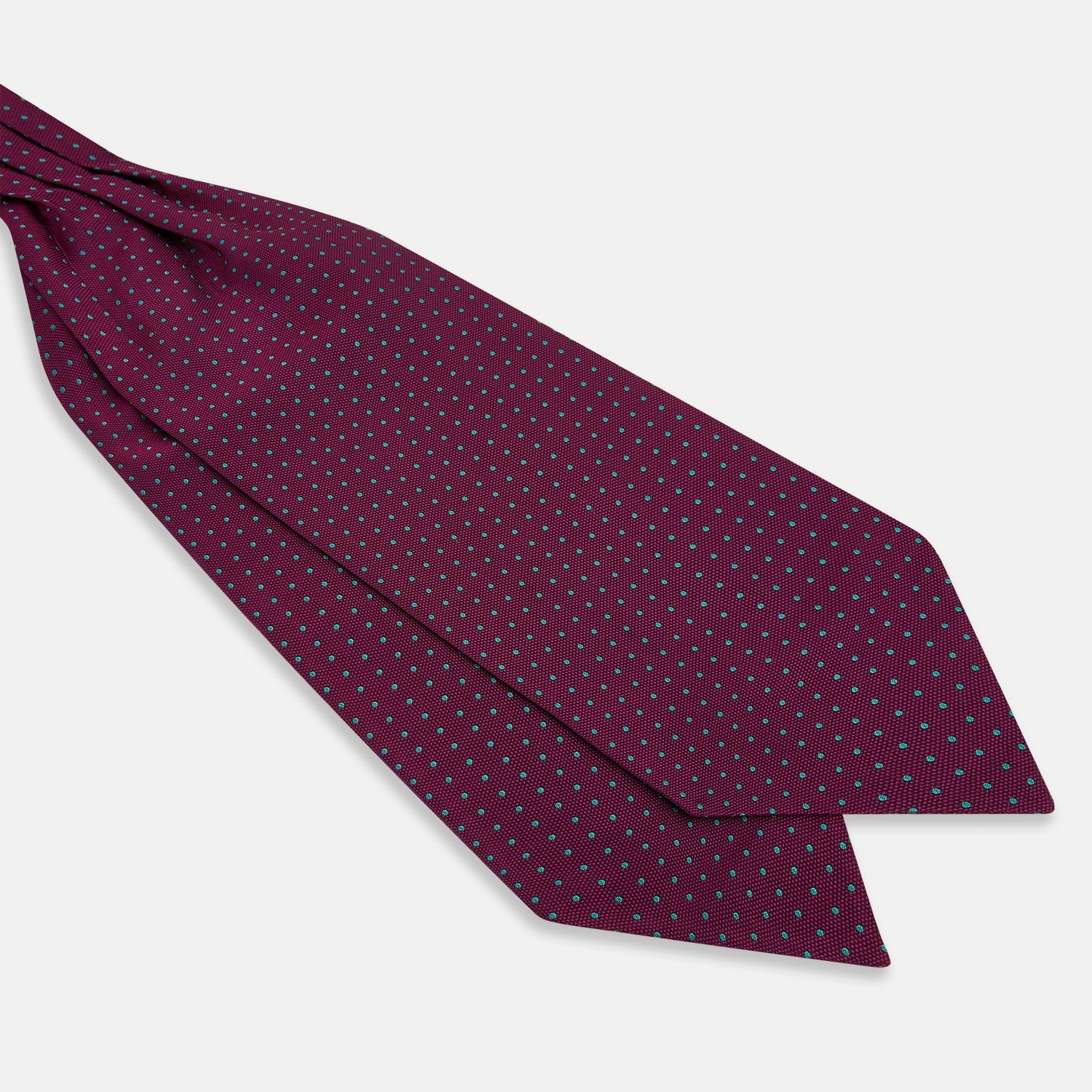 View 2 of product A burgundy pocket square with turquoise polka dots, folded to a point—an ideal men's formal accessory to complement the Green Micro Dot and Magenta Silk Cravat by Turnbull & Asser.