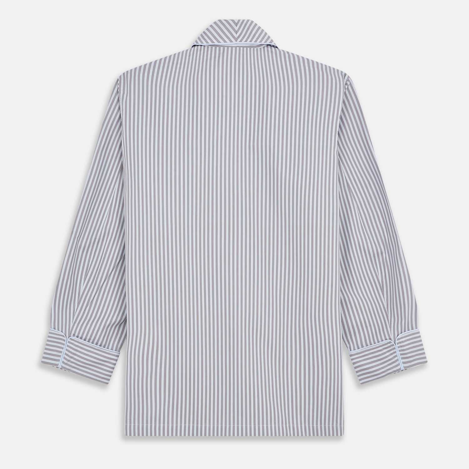 View 6 of product The Turnbull & Asser Pale Blue Multi Stripe Cotton Quin Pyjamas, featuring a long-sleeve button-up top and matching adjustable tie-waist pants, are neatly arranged on a white background.
