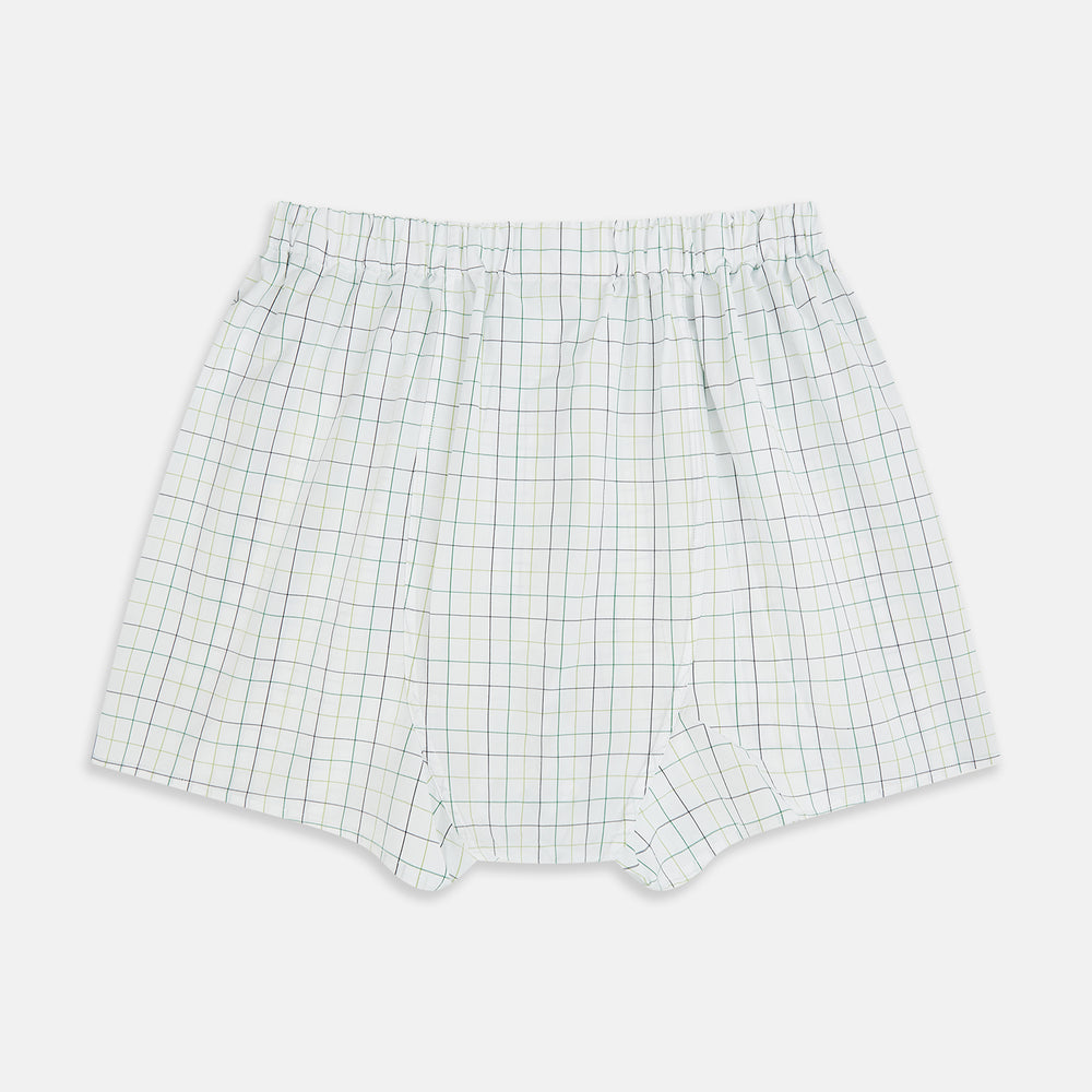 The Forest Green Grid Check Godfrey Boxer Shorts by Turnbull & Asser feature Italian cotton, an elastic waistband, and a green grid check pattern—laid flat on a white background for an elegant touch of everyday luxury.
