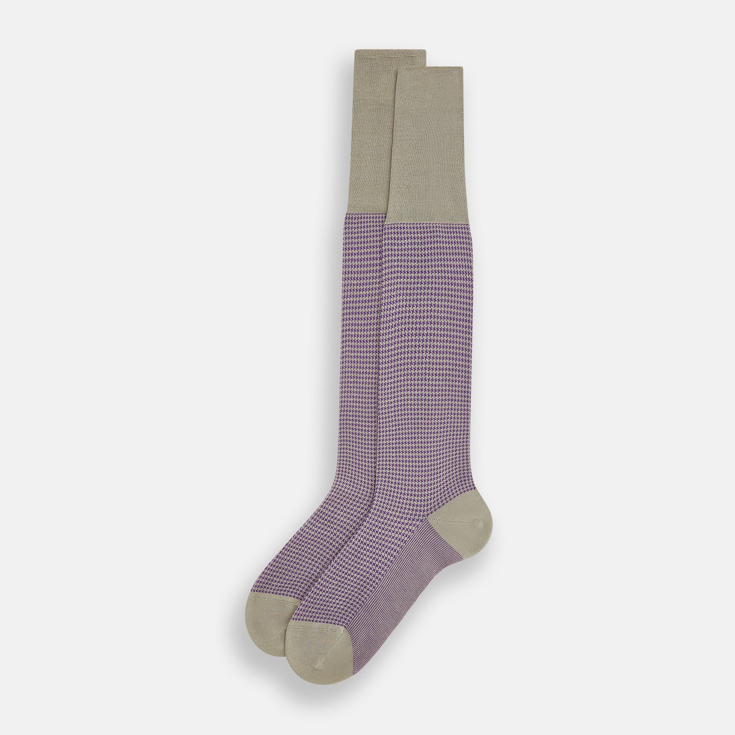 View 2 of product The Concrete Houndstooth Long Sock by Turnbull & Asser features a knee-high design with beige cuff, toe, and heel, plus a purple and black checkered pattern, shown on a plain white background.