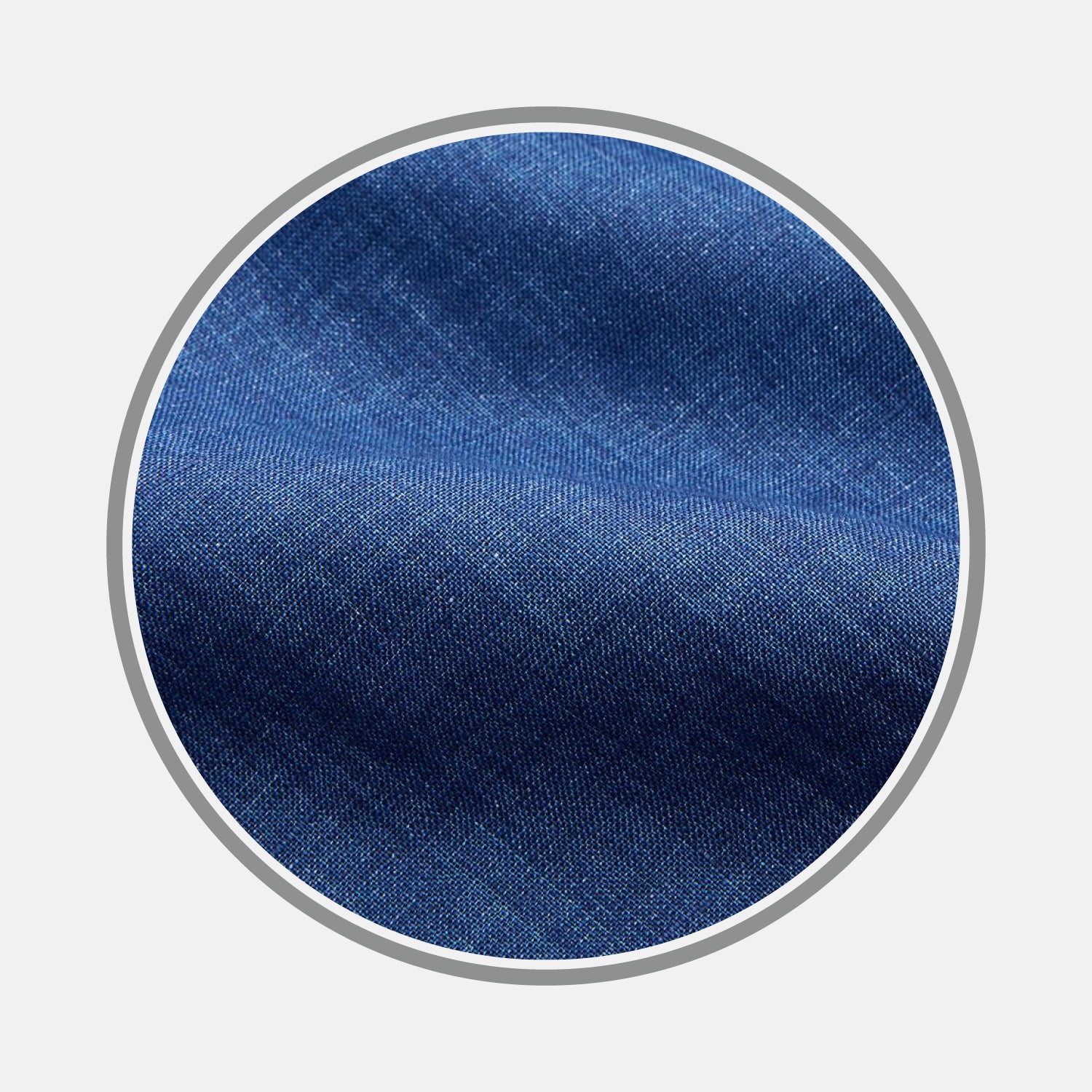 View 1 of product Close-up of Turnbull & Asser Navy Linen Fabric, highlighting its texture and weave pattern, displayed within a circular border against a plain white background.