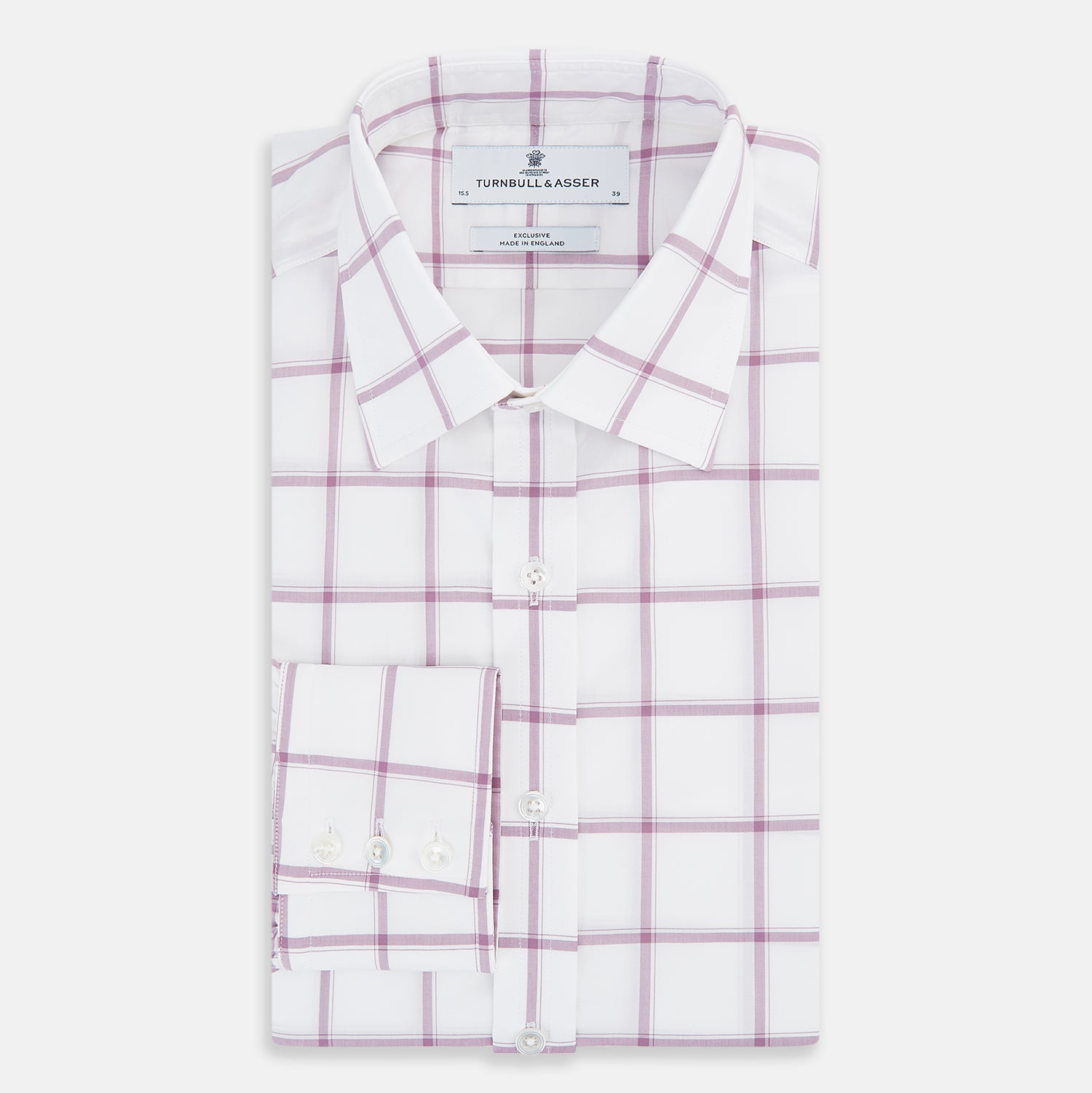 View 5 of product The Antique Pink Grid Check Mayfair Shirt by Turnbull & Asser is a long-sleeve shirt made from Italian cotton, featuring evenly spaced pink grid checks, displayed flat on a white background.
