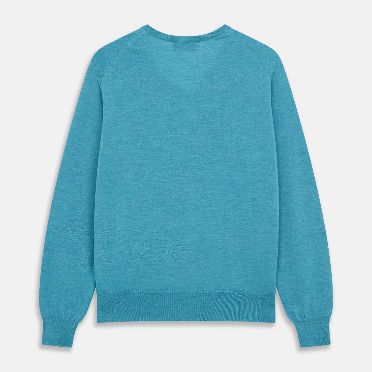 View 3 of product The Turquoise Kennedy Merino V-Neck Jumper by Turnbull & Asser features ribbed cuffs and hem, crafted from premium merino knitwear, and is shown flat on a white background.