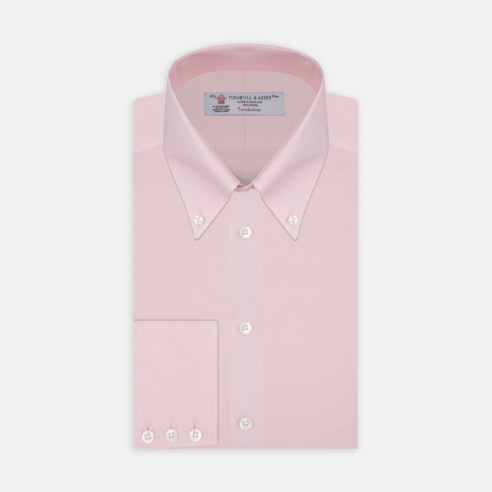 The Turnbull & Asser Pink Royal Oxford Cotton Shirt features a button-down collar and 3-button cuffs, ideal for men's weekend wear. Displayed against a plain white background.