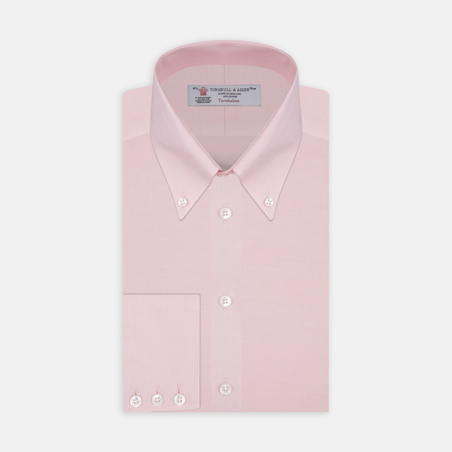 View 1 of product The Turnbull & Asser Pink Royal Oxford Cotton Shirt features a button-down collar and 3-button cuffs, ideal for men's weekend wear. Displayed against a plain white background.