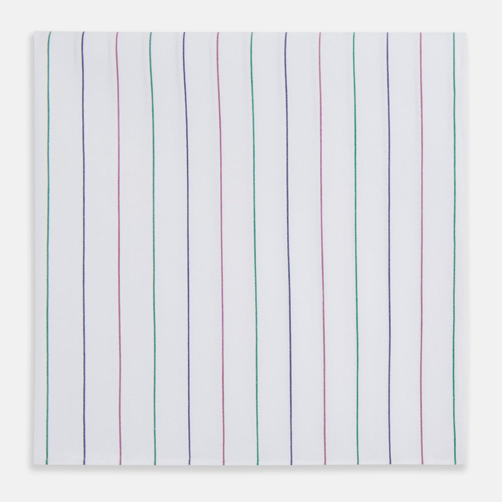 The Turnbull & Asser Hand Rolled Pink and Green Pinstripe Handkerchief features a simple striped pattern in blue, green, and pink, echoing the timeless elegance of a classic gentleman's accessory.