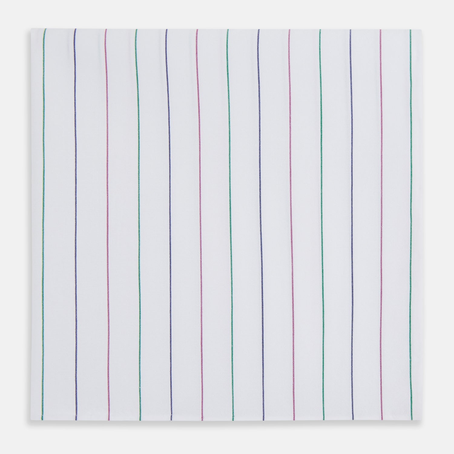 View 1 of product The Turnbull & Asser Hand Rolled Pink and Green Pinstripe Handkerchief features a simple striped pattern in blue, green, and pink, echoing the timeless elegance of a classic gentleman's accessory.