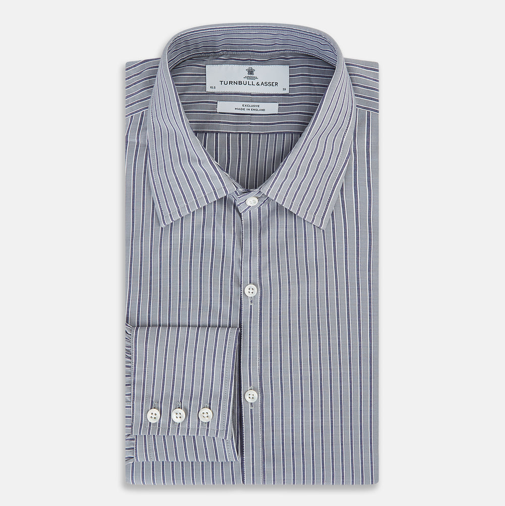 The Turnbull & Asser Grey Ticking Stripe Westminster Shirt features thin vertical grey stripes and a classic collar, showcased against a plain white background.