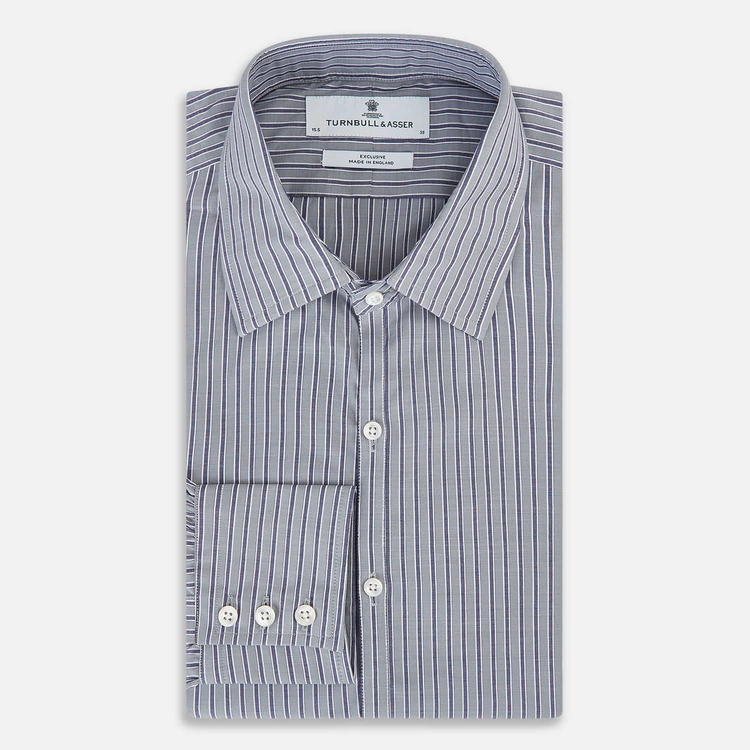 View 5 of product The Turnbull & Asser Grey Ticking Stripe Westminster Shirt features thin vertical grey stripes and a classic collar, showcased against a plain white background.