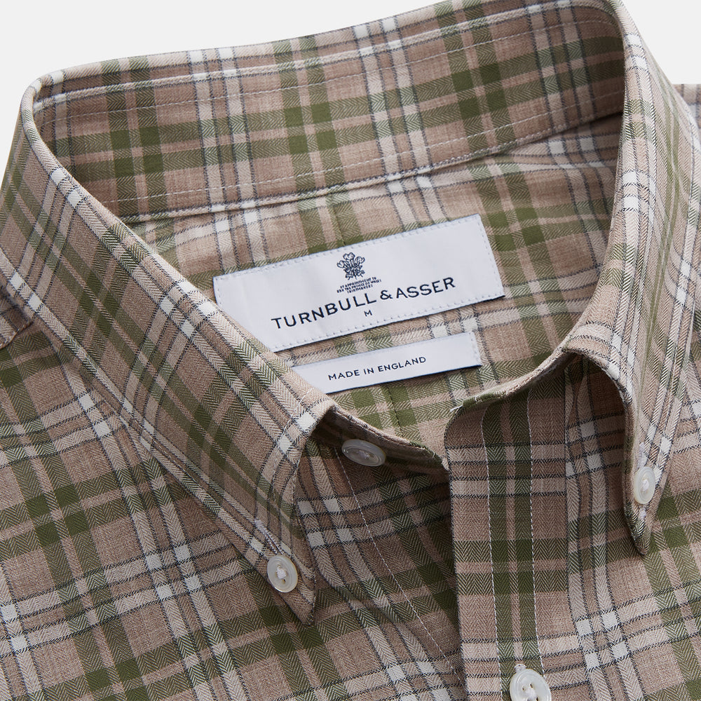 The Turnbull & Asser Green and Oatmeal Multi Check Cotton Weekend Fit Hayne Shirt features a button-down collar and green, beige, and white plaid pattern, shown flat against a white background.