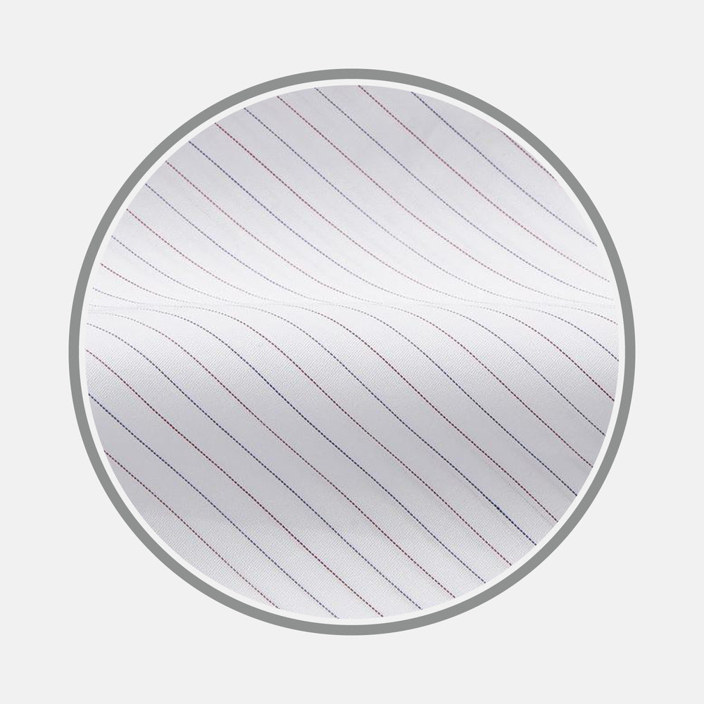 A circular gray border frames a close-up of Turnbull & Asser's Red & White Stripe Sea Island Quality Fabric, featuring fine white material with thin, evenly spaced diagonal red pinstripes.