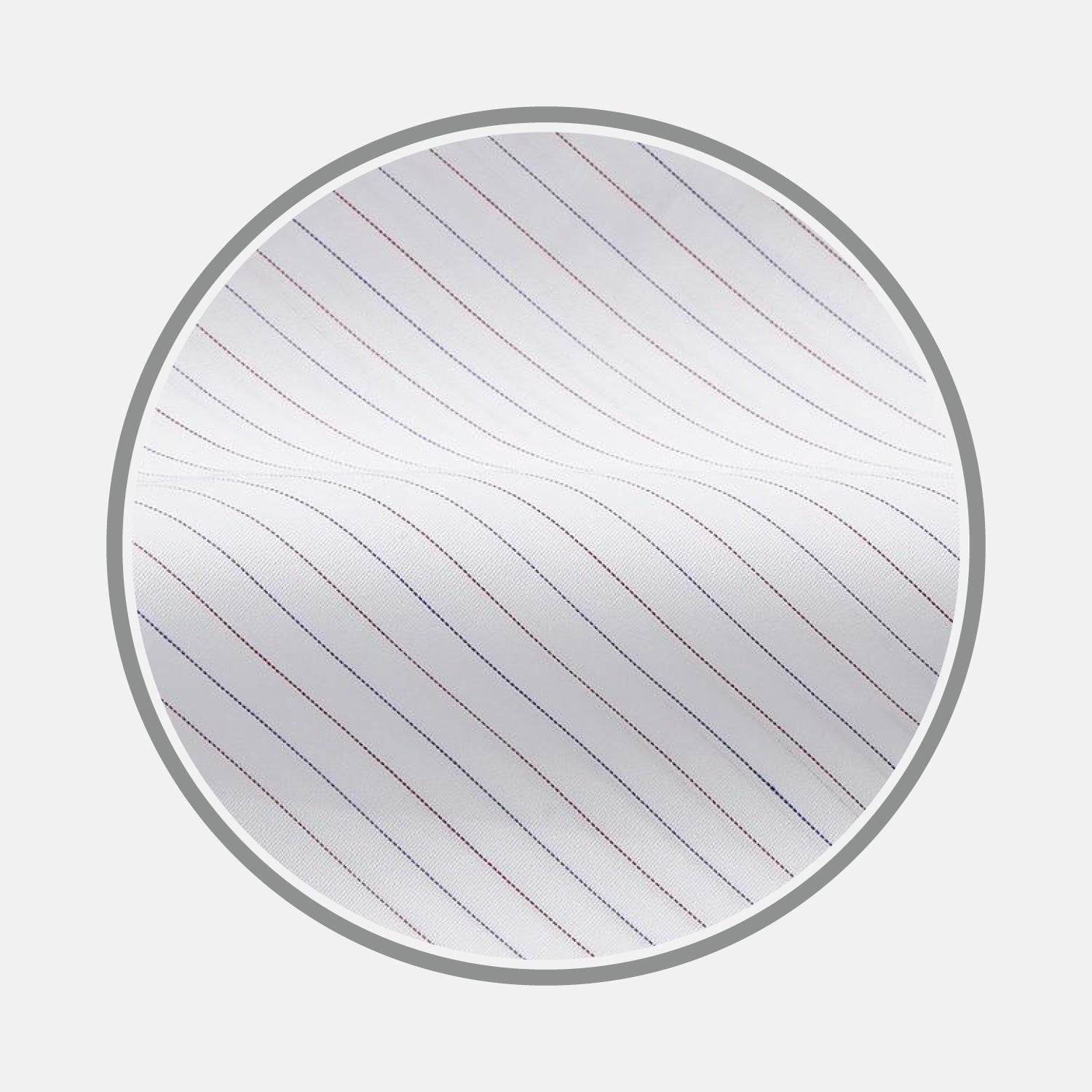 View 1 of product A circular gray border frames a close-up of Turnbull & Asser's Red & White Stripe Sea Island Quality Fabric, featuring fine white material with thin, evenly spaced diagonal red pinstripes.